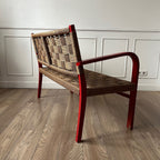 Banc vintage en bois rouge et corde