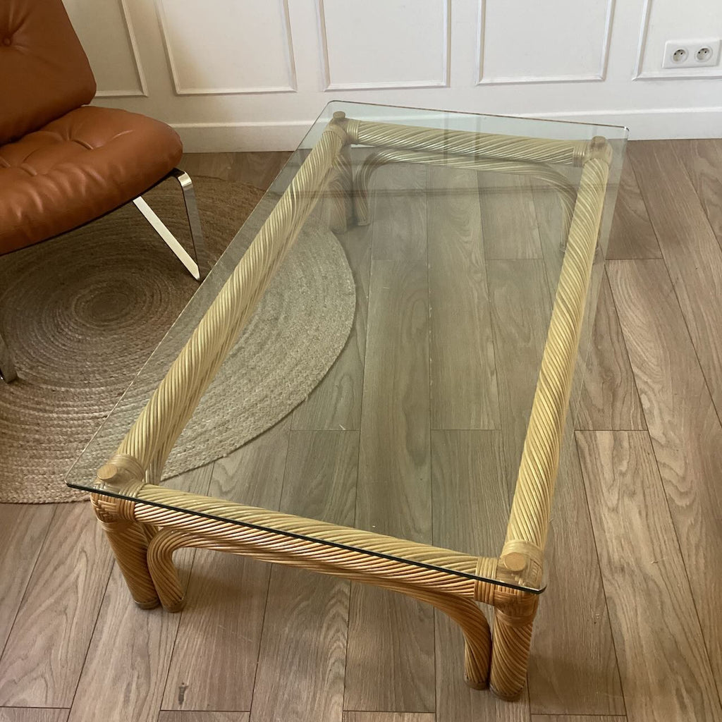 Grande table basse en rotin vintage