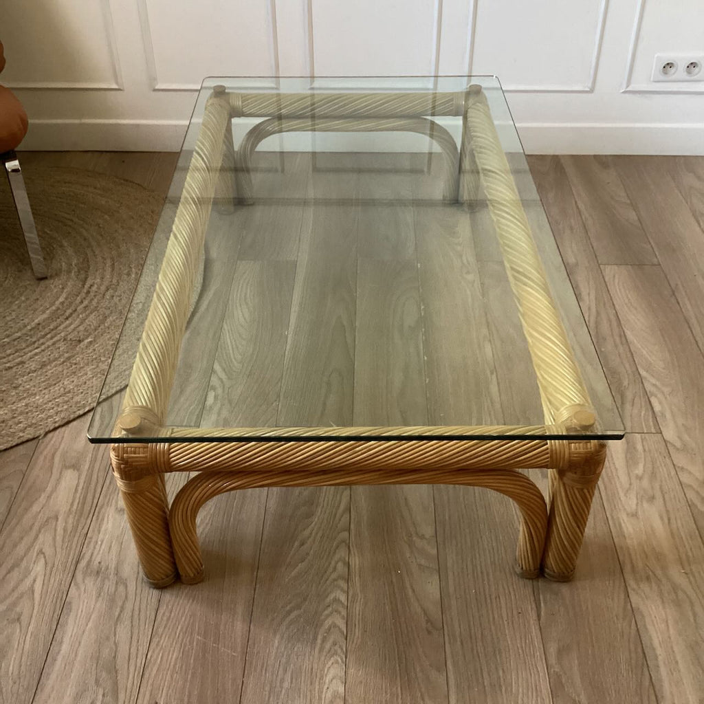 Grande table basse en rotin vintage