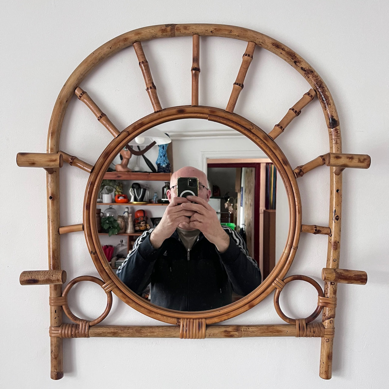 Miroir porte-manteau en bambou années 60