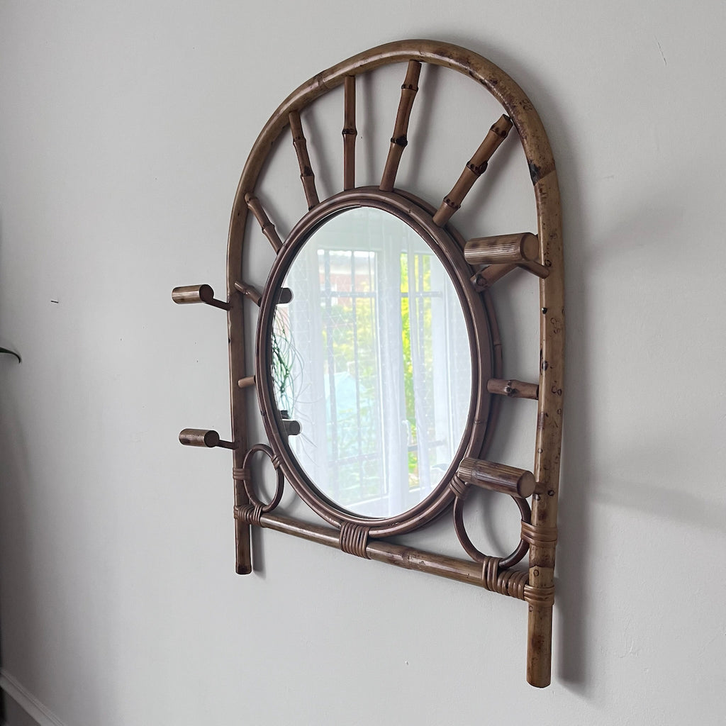 Miroir porte-manteau en bambou années 60