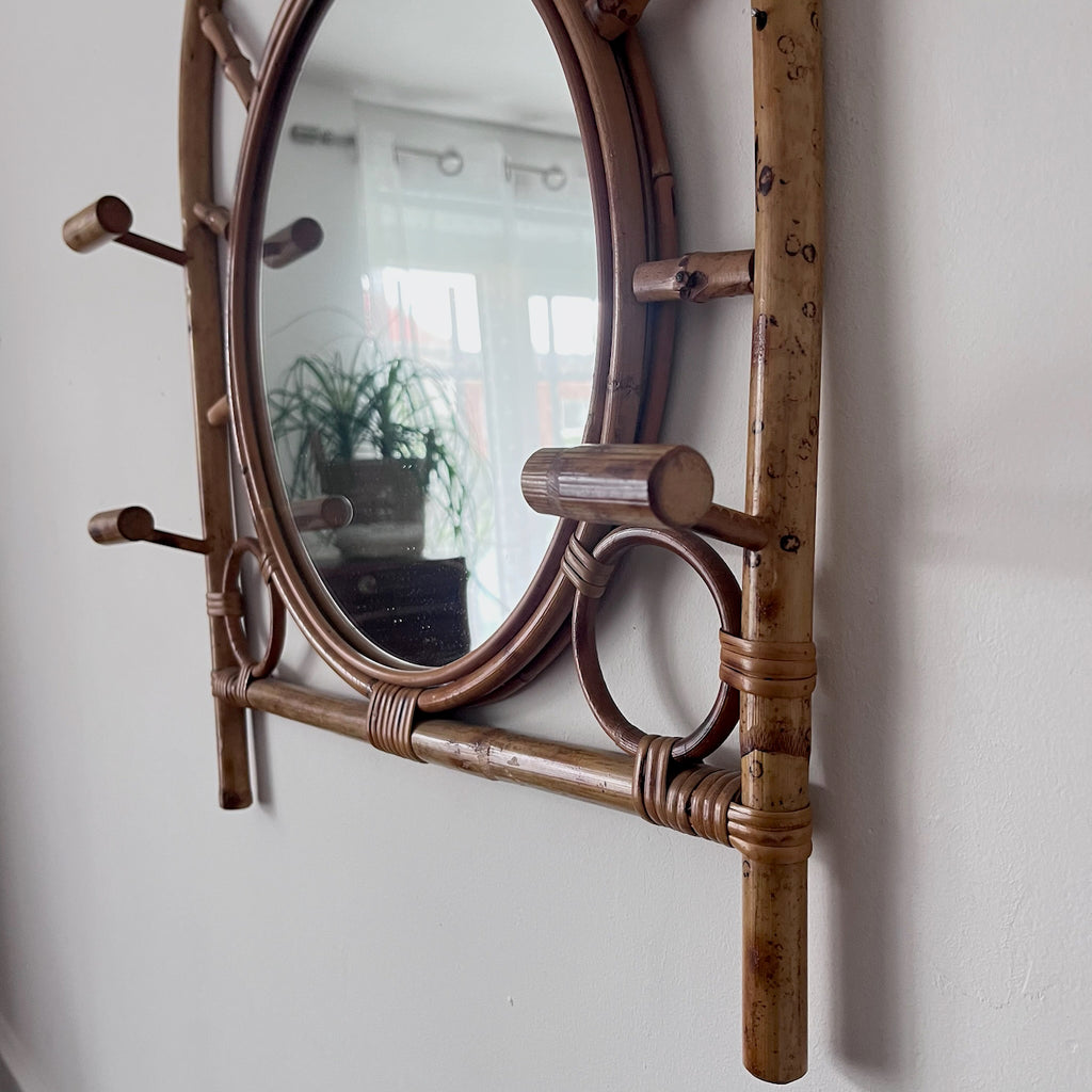 Miroir porte-manteau en bambou années 60