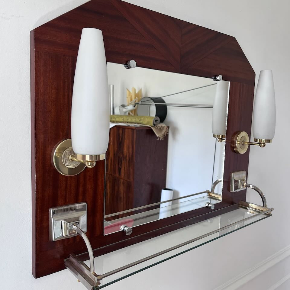 Miroir appliques en teck et opalines