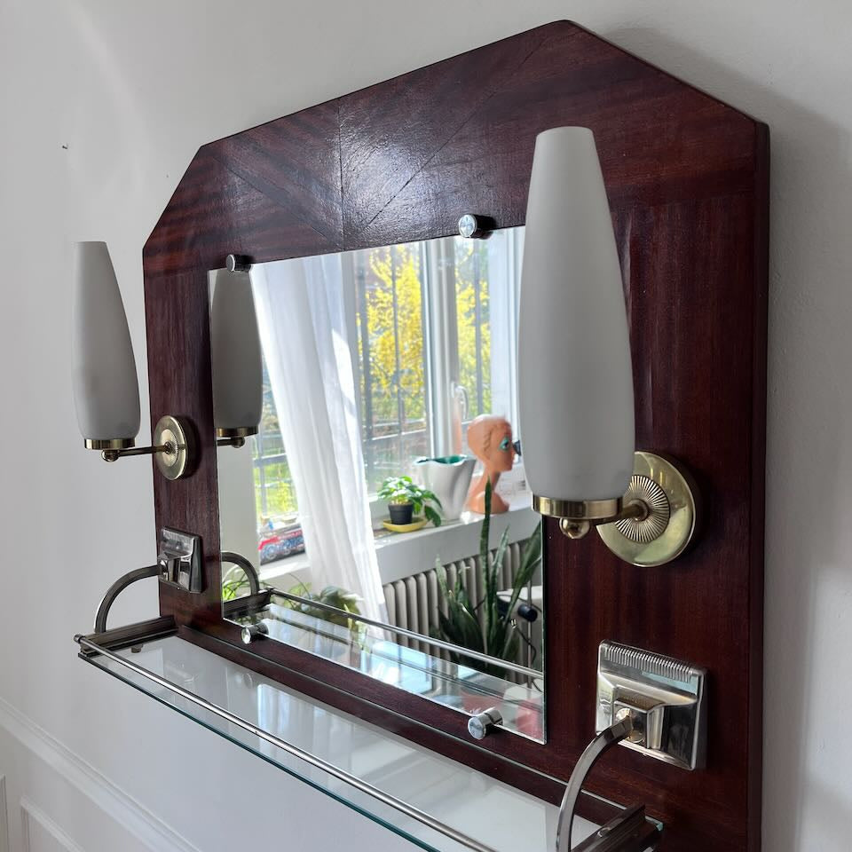 Miroir appliques en teck et opalines