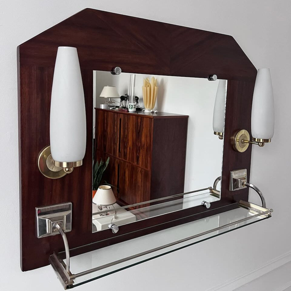 Miroir appliques en teck et opalines