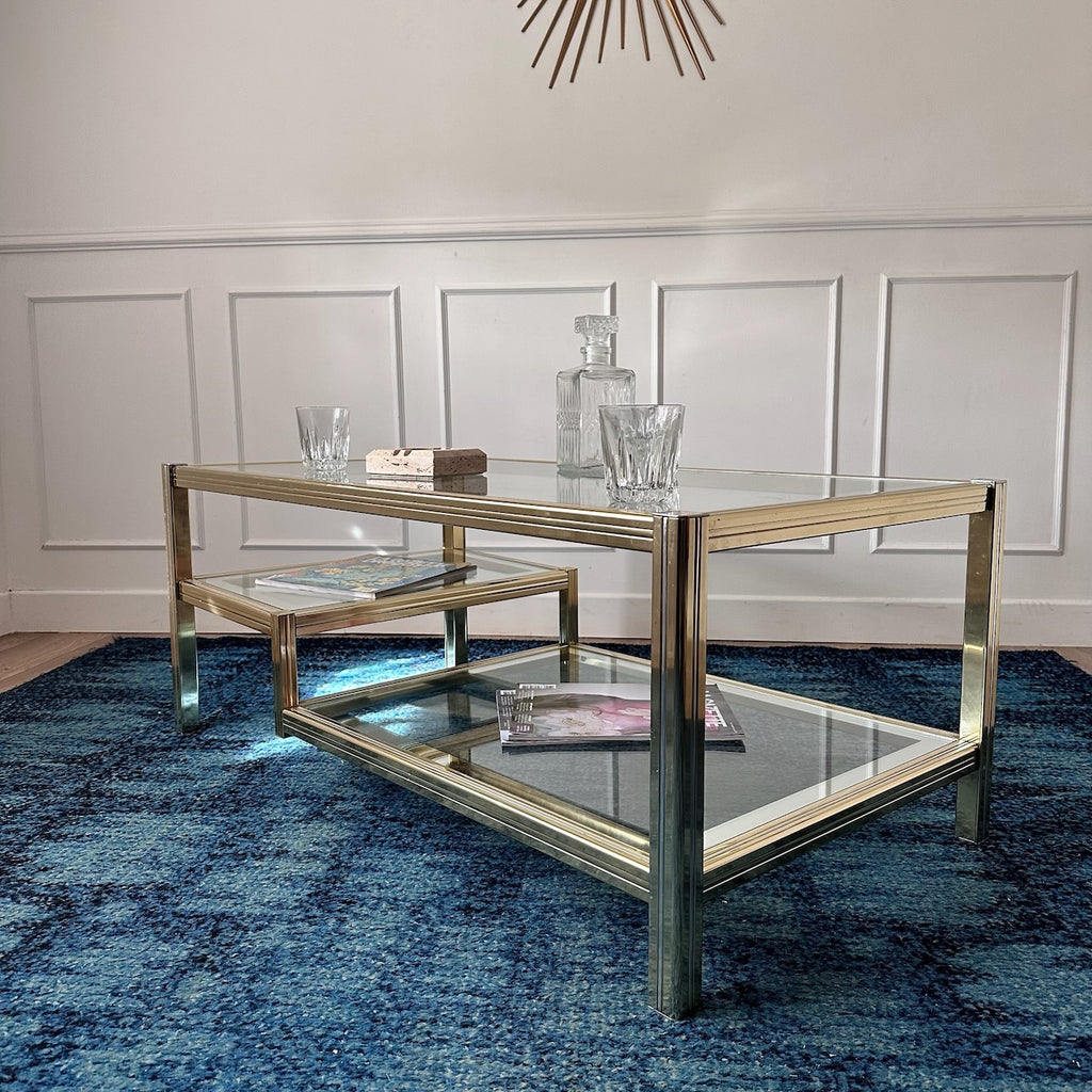 Table basse dorée à plateaux de verre