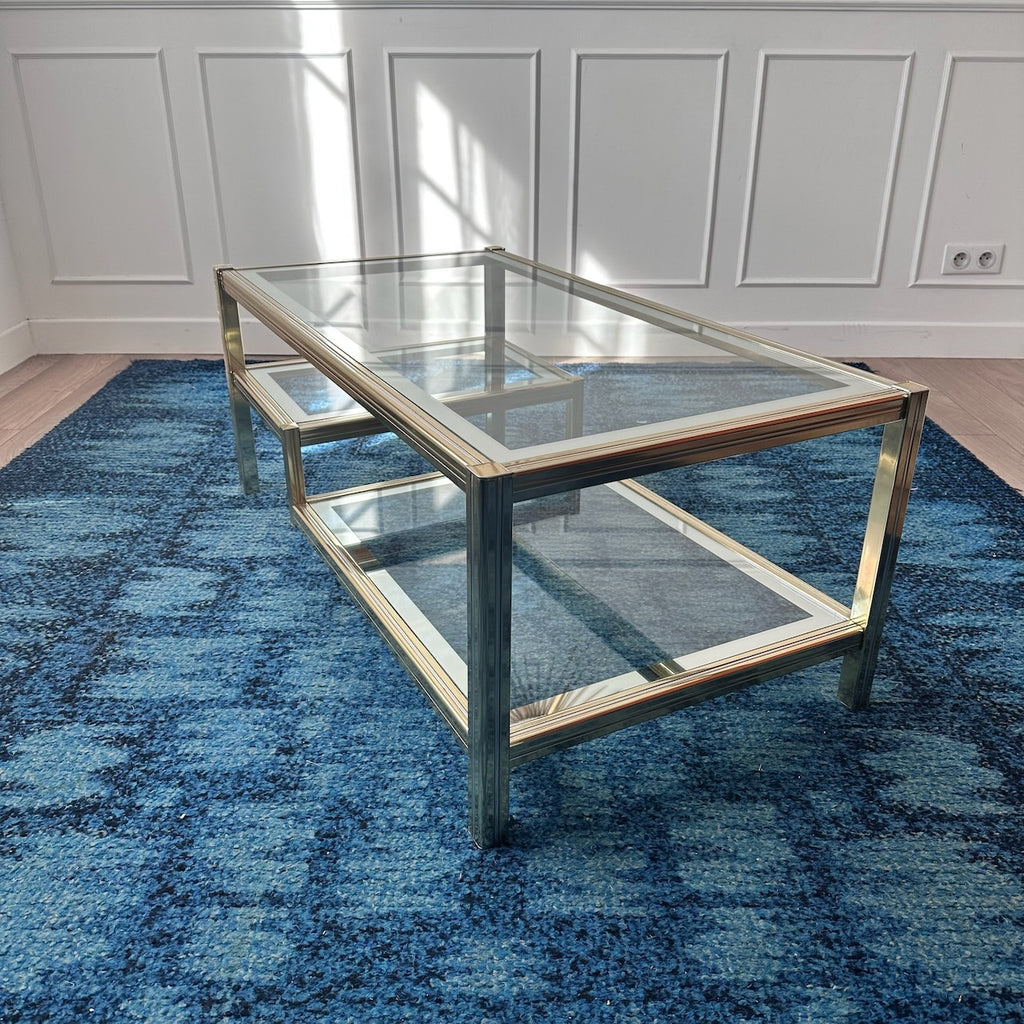 Table basse dorée à plateaux de verre